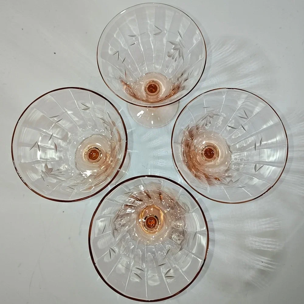 Vintage Pink Depression Glass Water Goblets Set of 4 Etched Floral Optic Panel